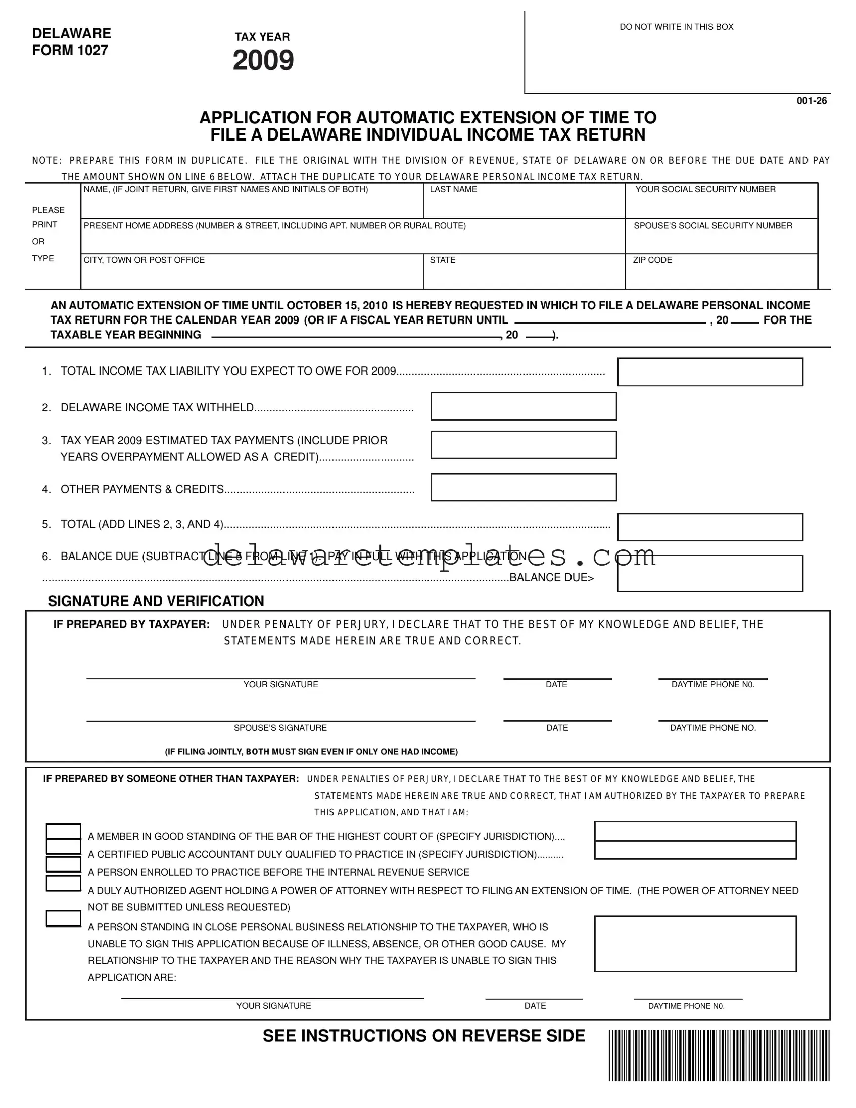 Fill a Valid Delaware 1027 Form