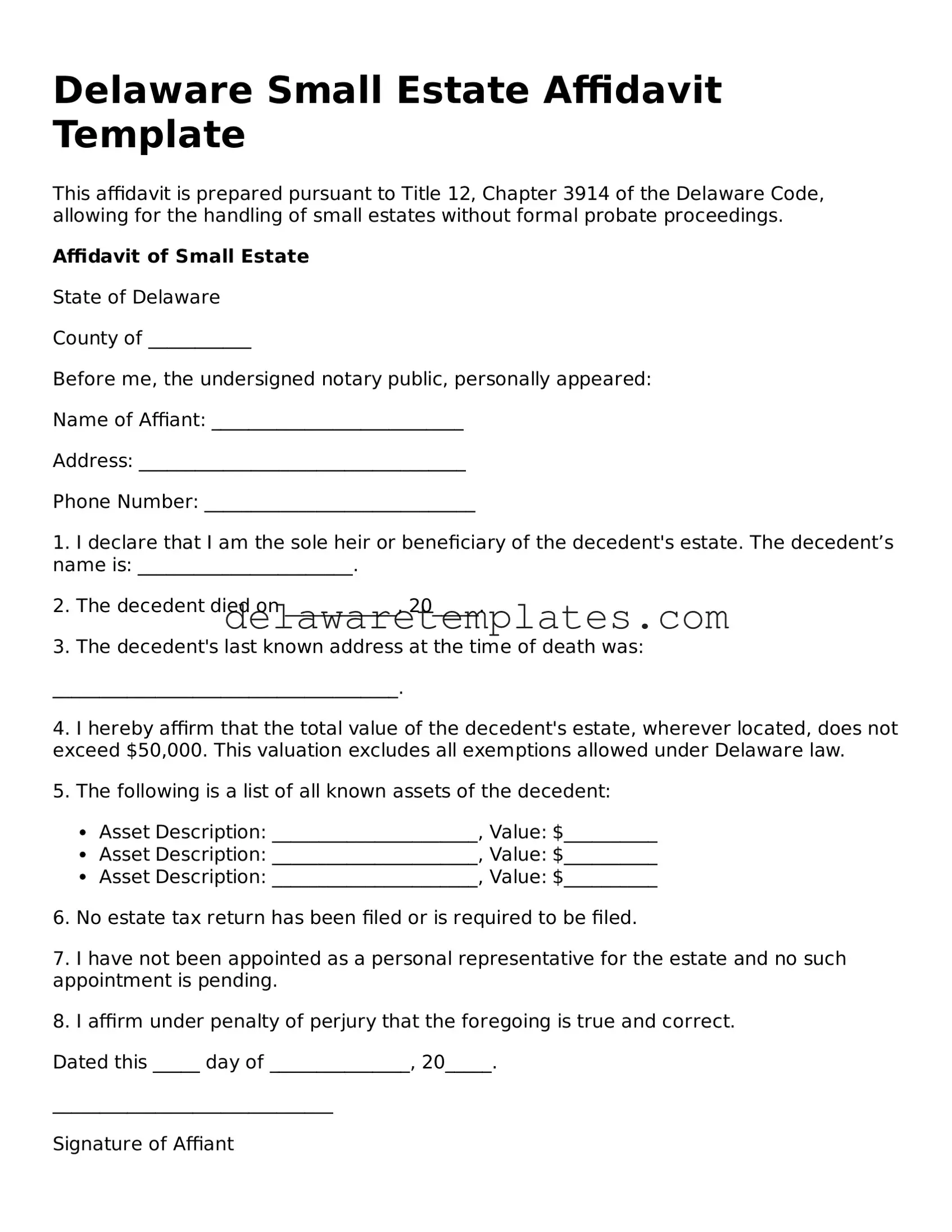 Fillable Small Estate Affidavit Document for the State of Delaware