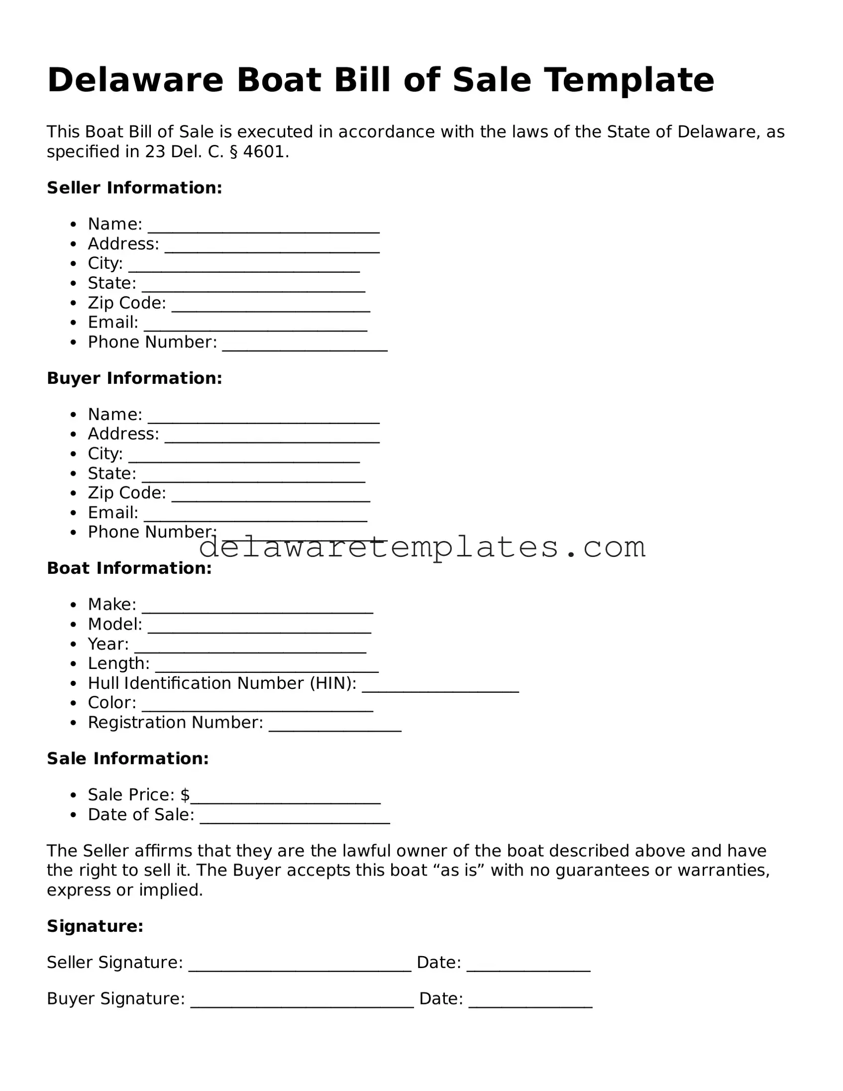 Fillable Boat Bill of Sale Document for the State of Delaware