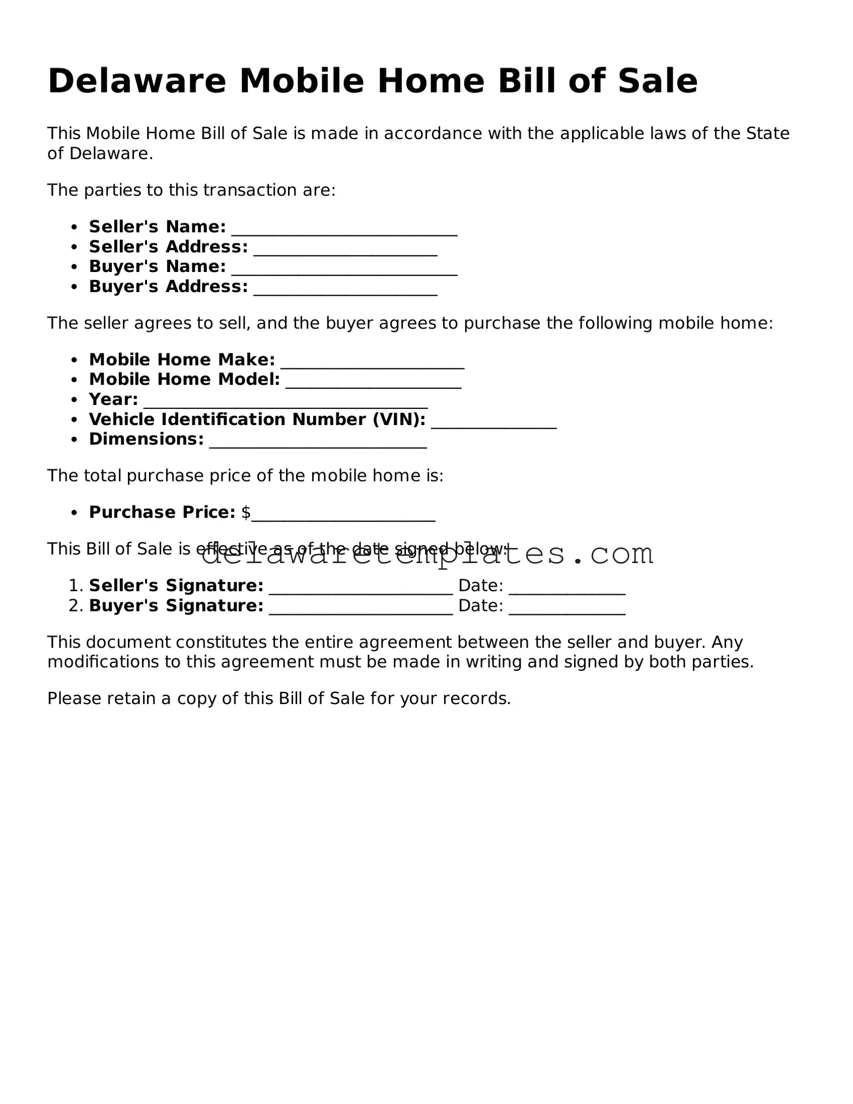 Fillable Mobile Home Bill of Sale Document for the State of Delaware