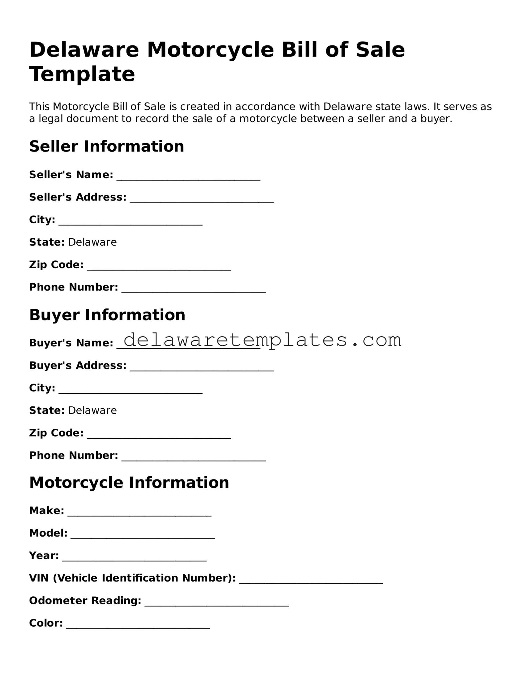Fillable Motorcycle Bill of Sale Document for the State of Delaware