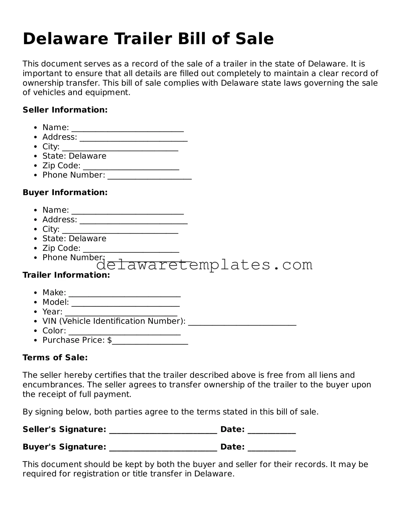 Fillable Trailer Bill of Sale Document for the State of Delaware