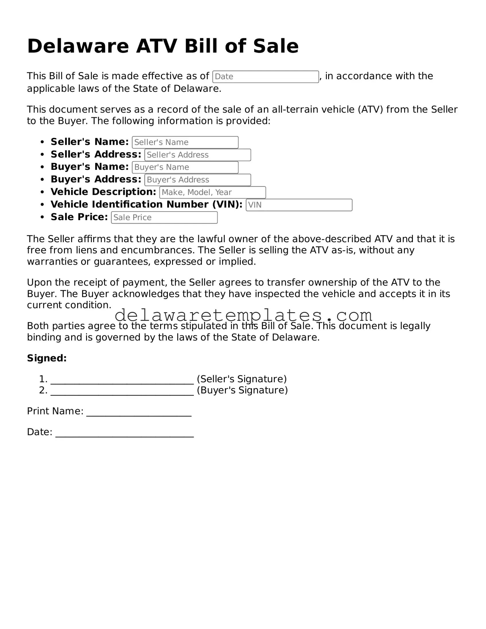 Fillable ATV Bill of Sale Document for the State of Delaware