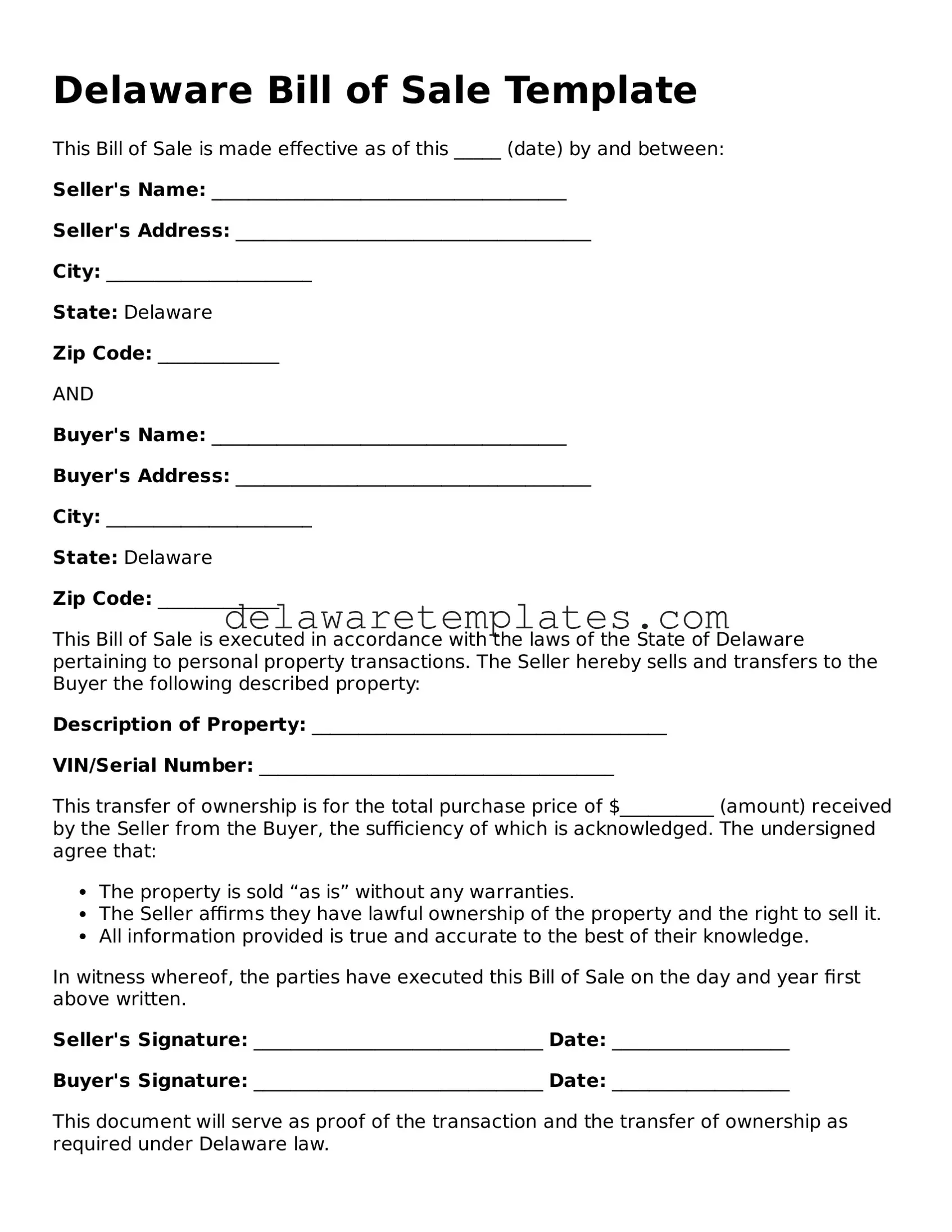 Fillable Bill of Sale Document for the State of Delaware