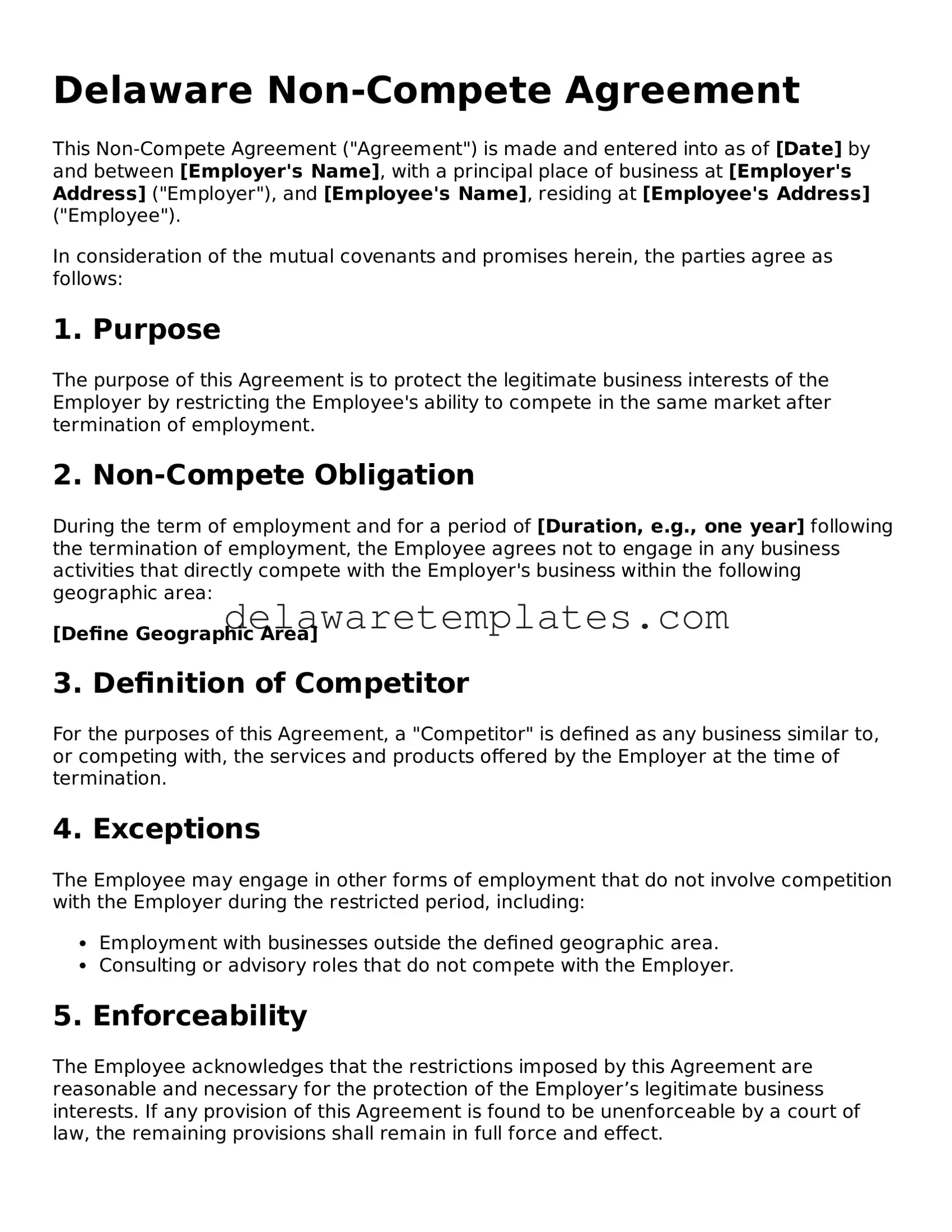 Fillable Non-compete Agreement Document for the State of Delaware