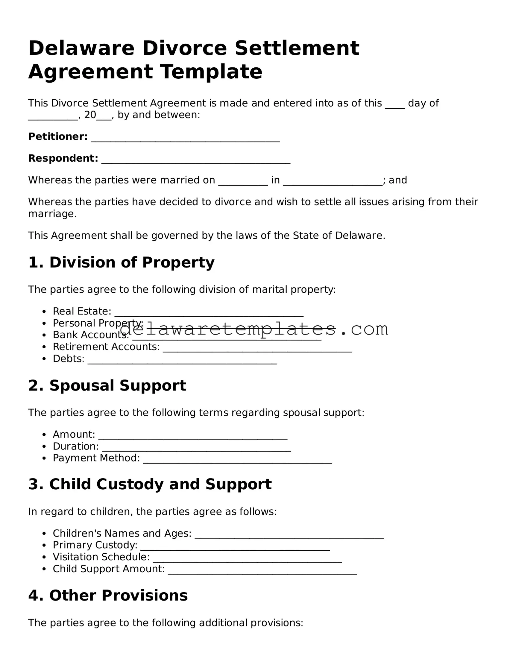 Fillable Divorce Settlement Agreement Document for the State of Delaware