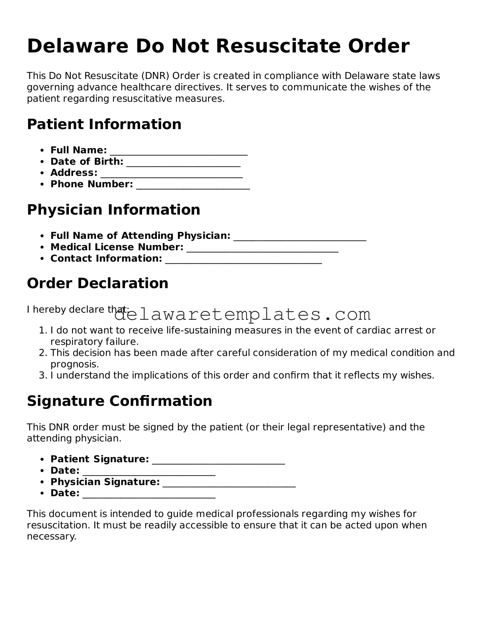 Fillable Do Not Resuscitate Order Document for the State of Delaware