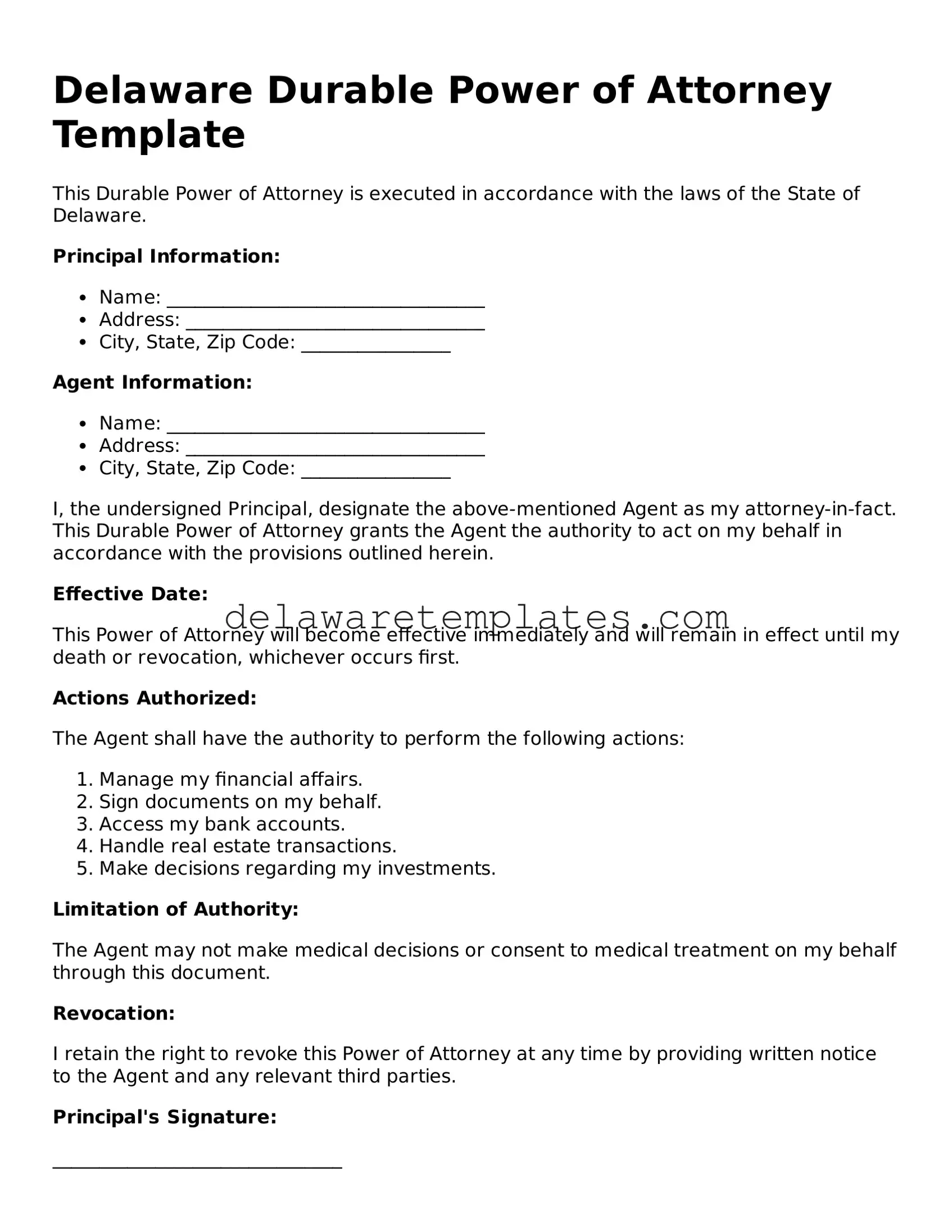 Fillable Durable Power of Attorney Document for the State of Delaware