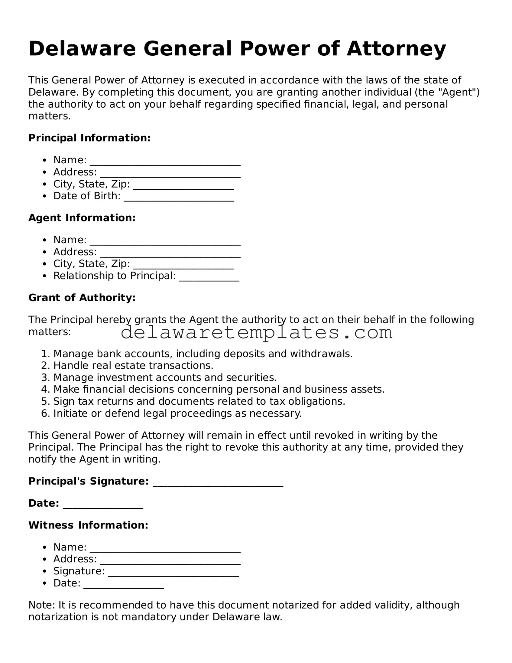 Fillable General Power of Attorney Document for the State of Delaware