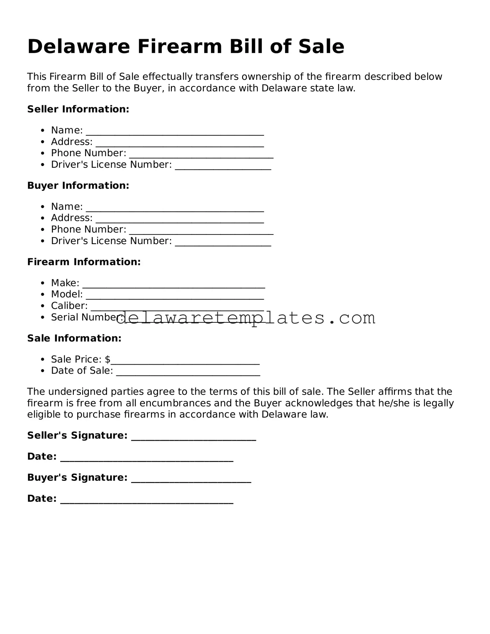 Fillable Firearm Bill of Sale Document for the State of Delaware