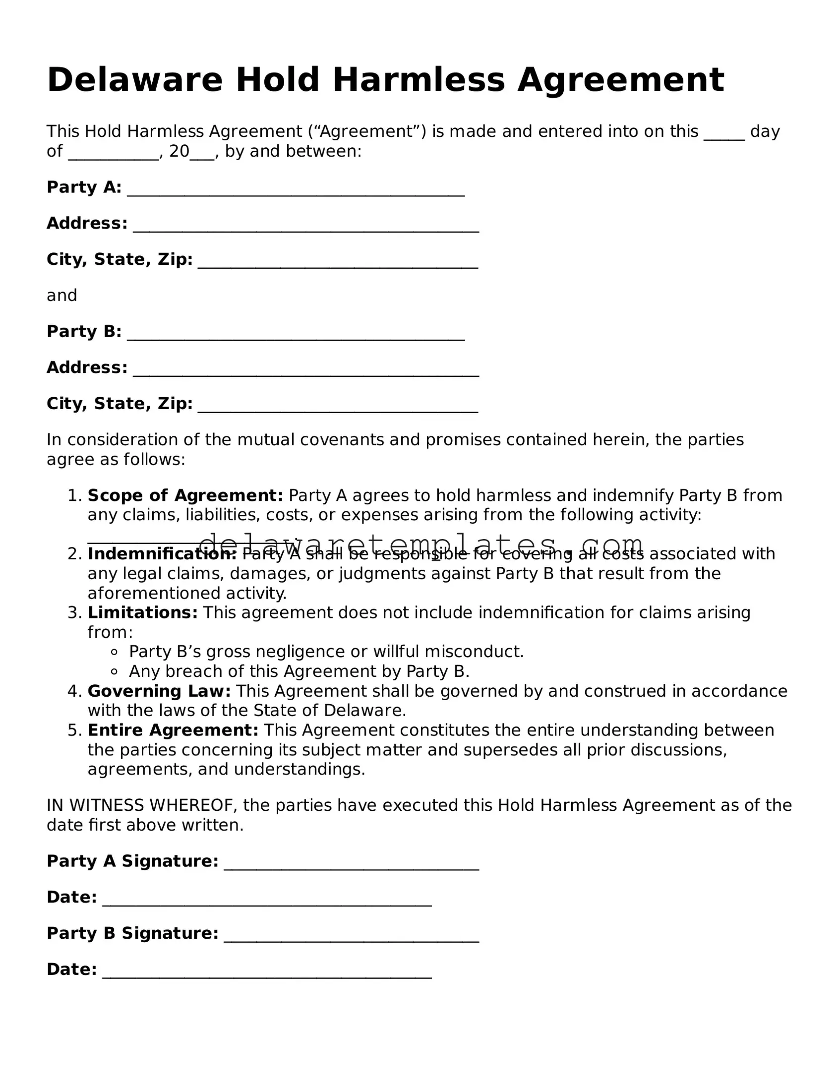 Fillable Hold Harmless Agreement Document for the State of Delaware