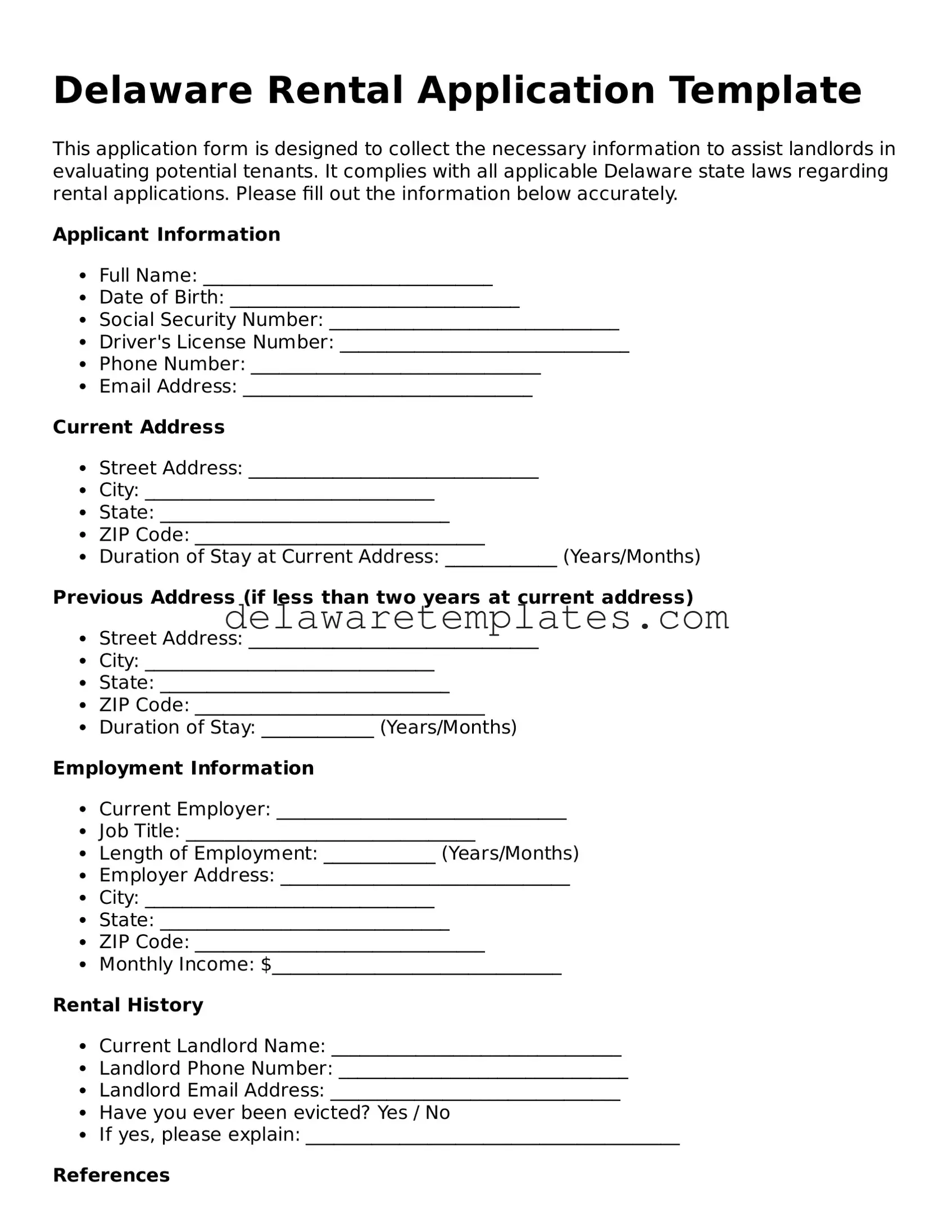 Fillable Rental Application Document for the State of Delaware