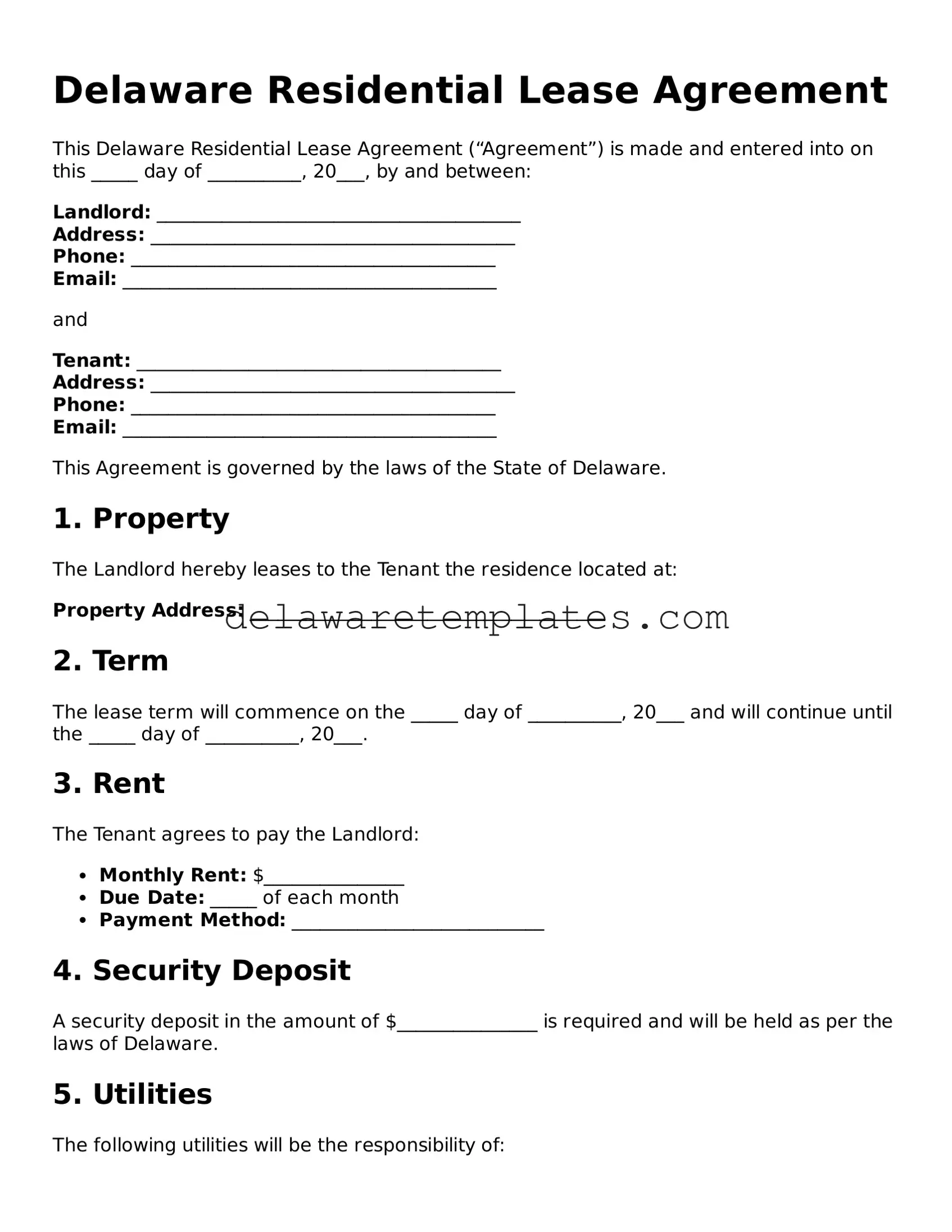 Fillable Residential Lease Agreement Document for the State of Delaware