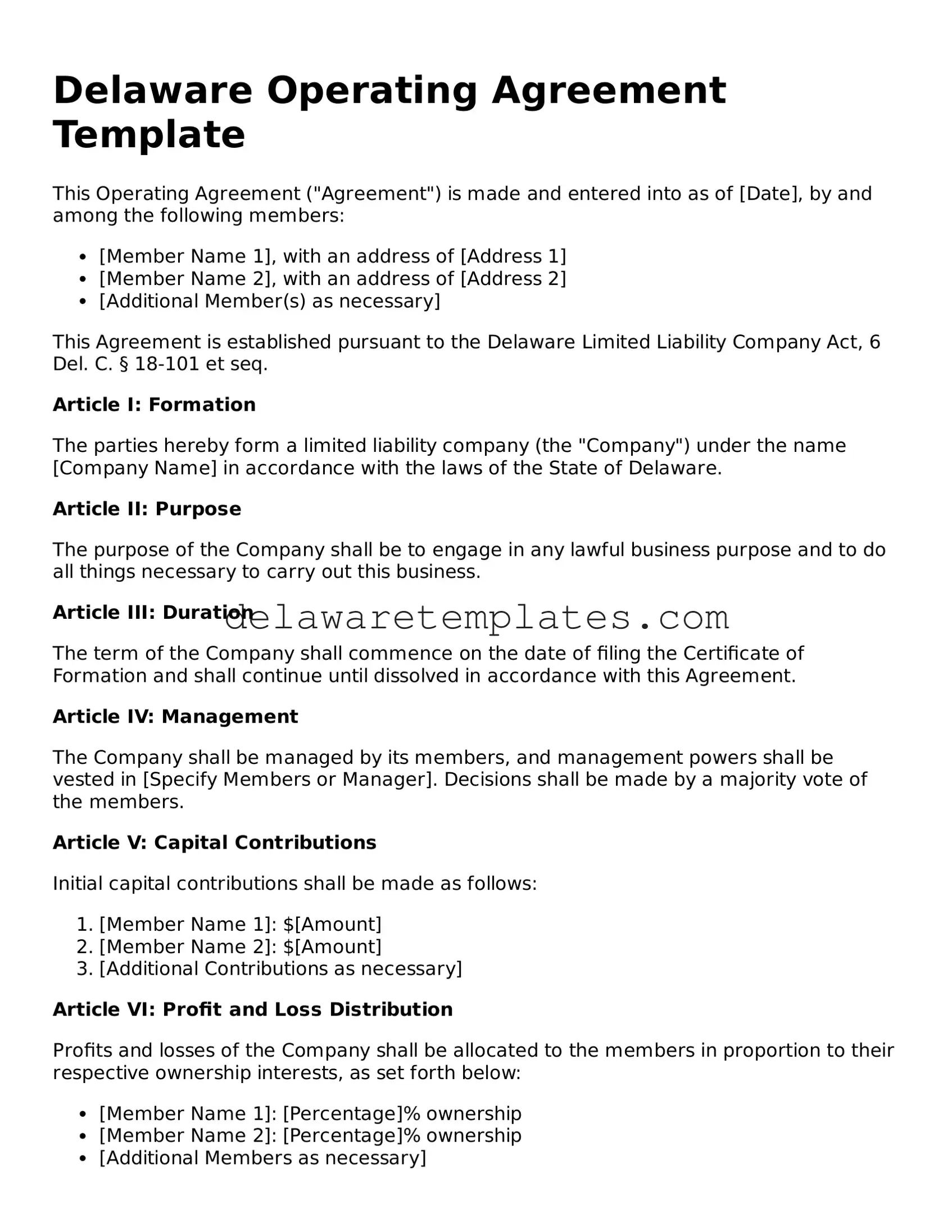 Fillable Operating Agreement Document for the State of Delaware