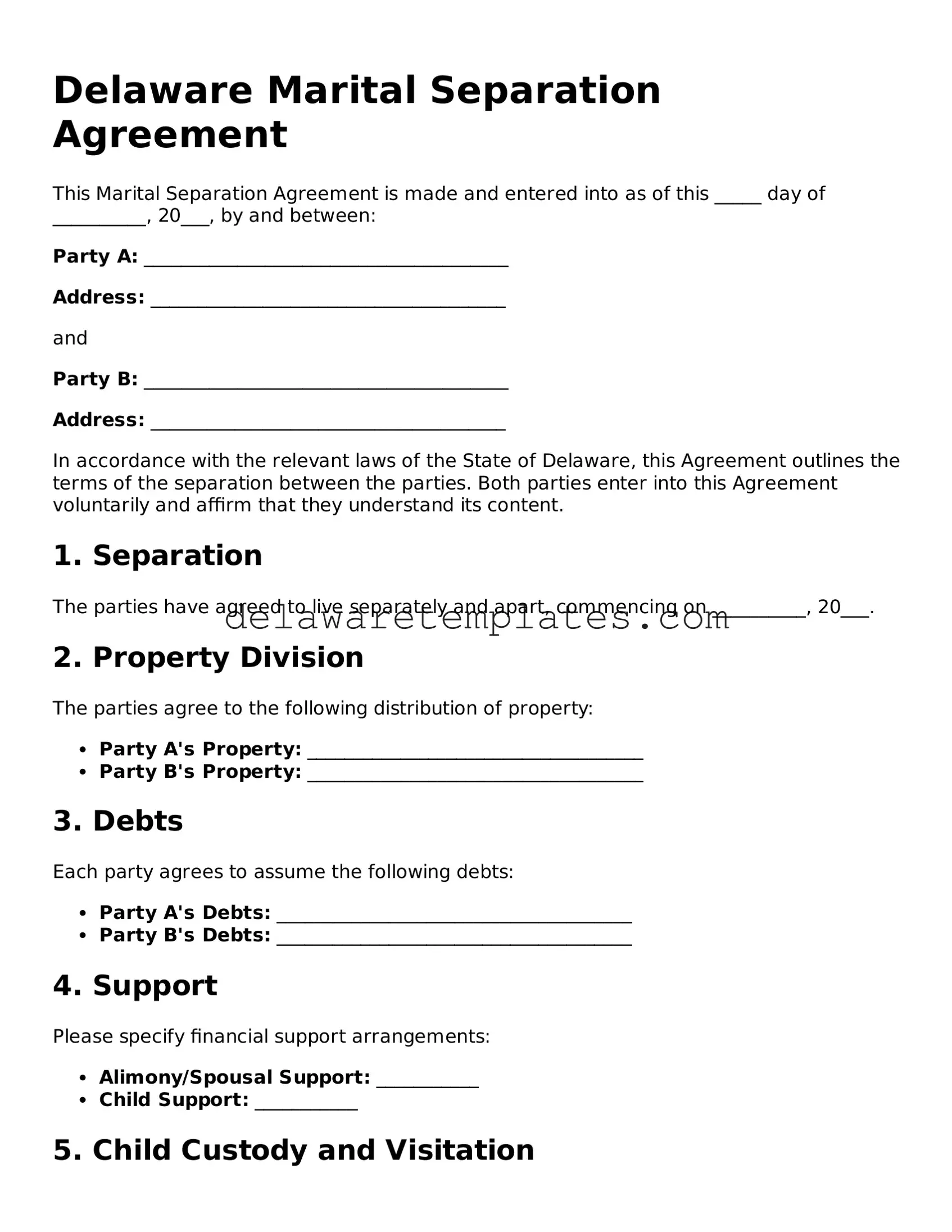 Fillable Marital Separation Agreement Document for the State of Delaware