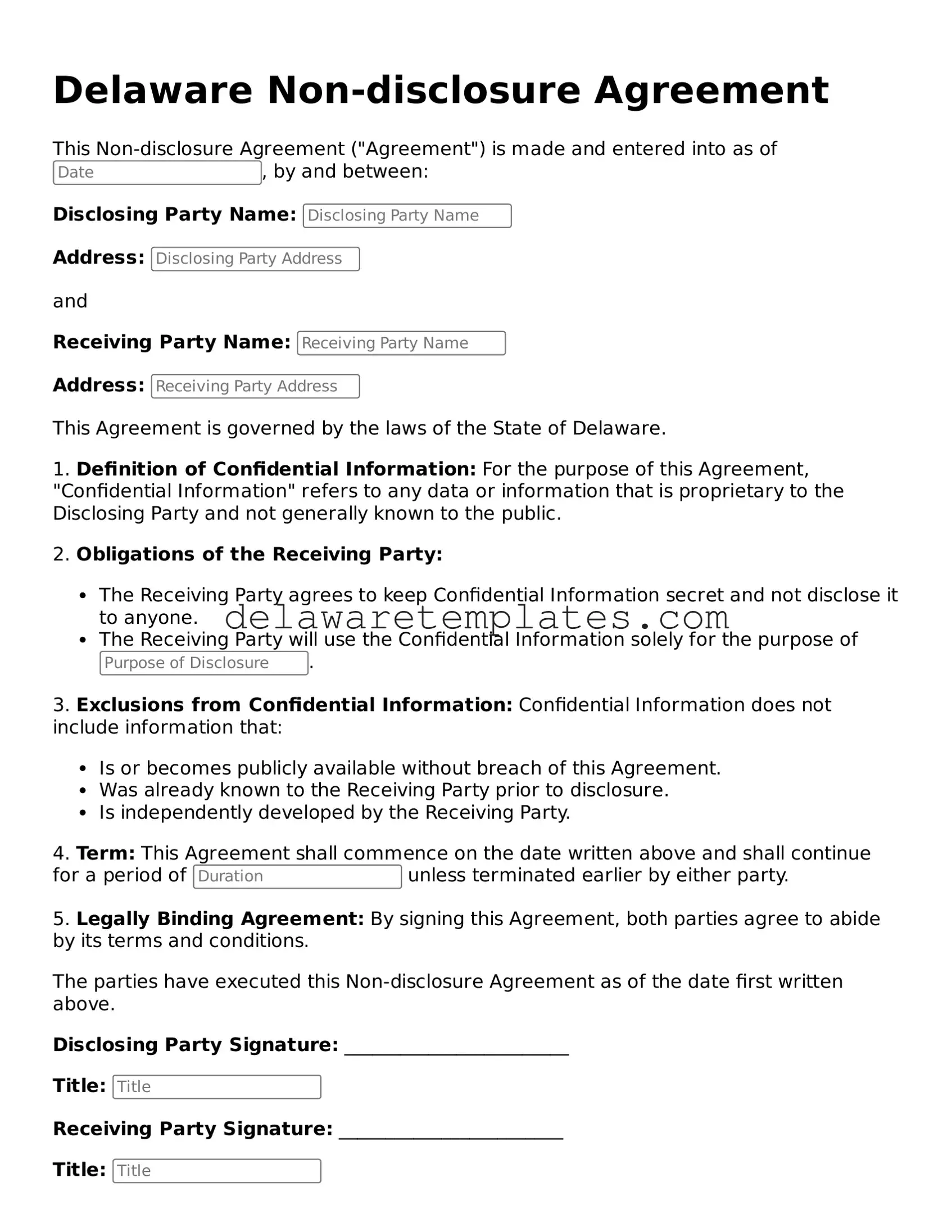 Fillable Non-disclosure Agreement Document for the State of Delaware