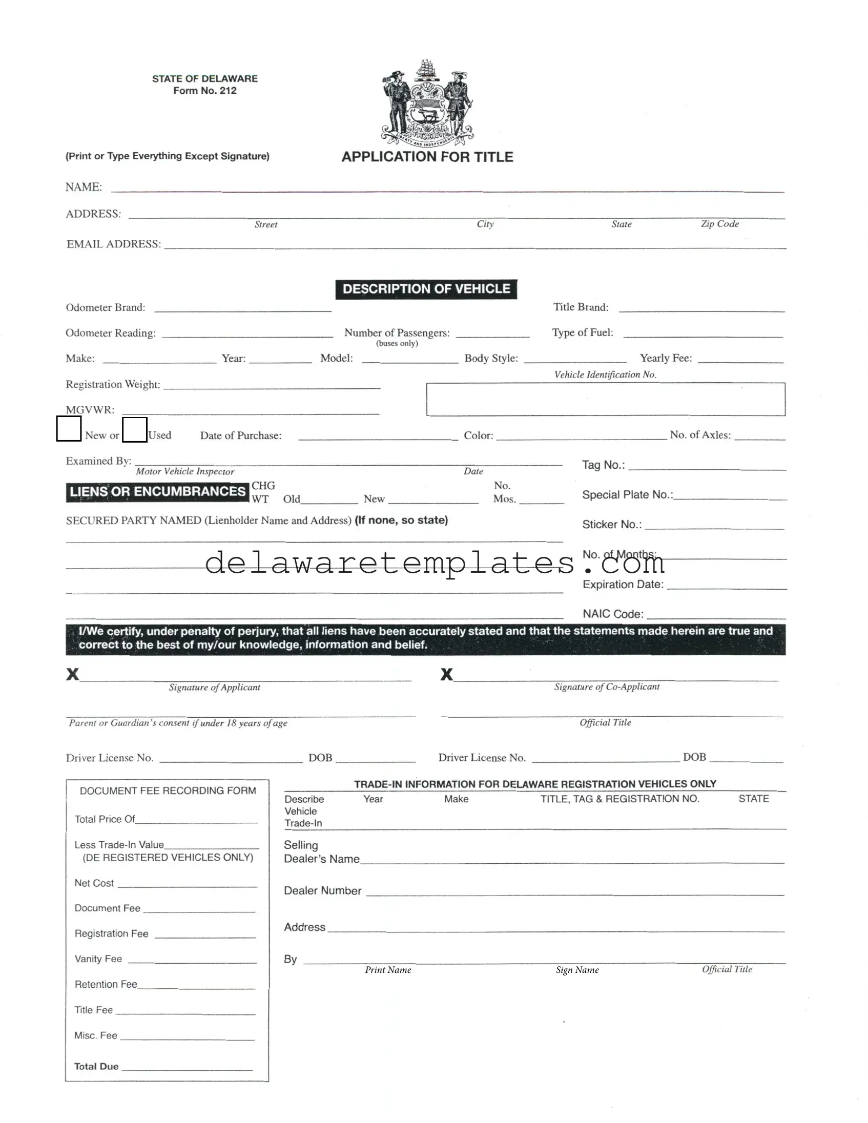 Fill a Valid Delaware No 212 Form