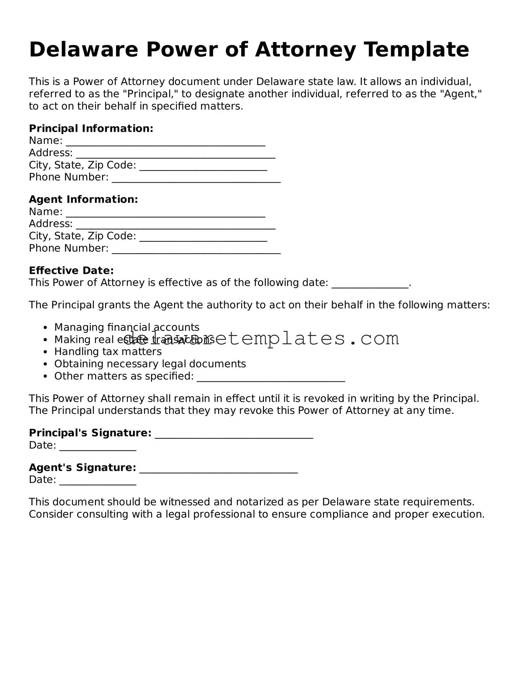 Fillable Power of Attorney Document for the State of Delaware