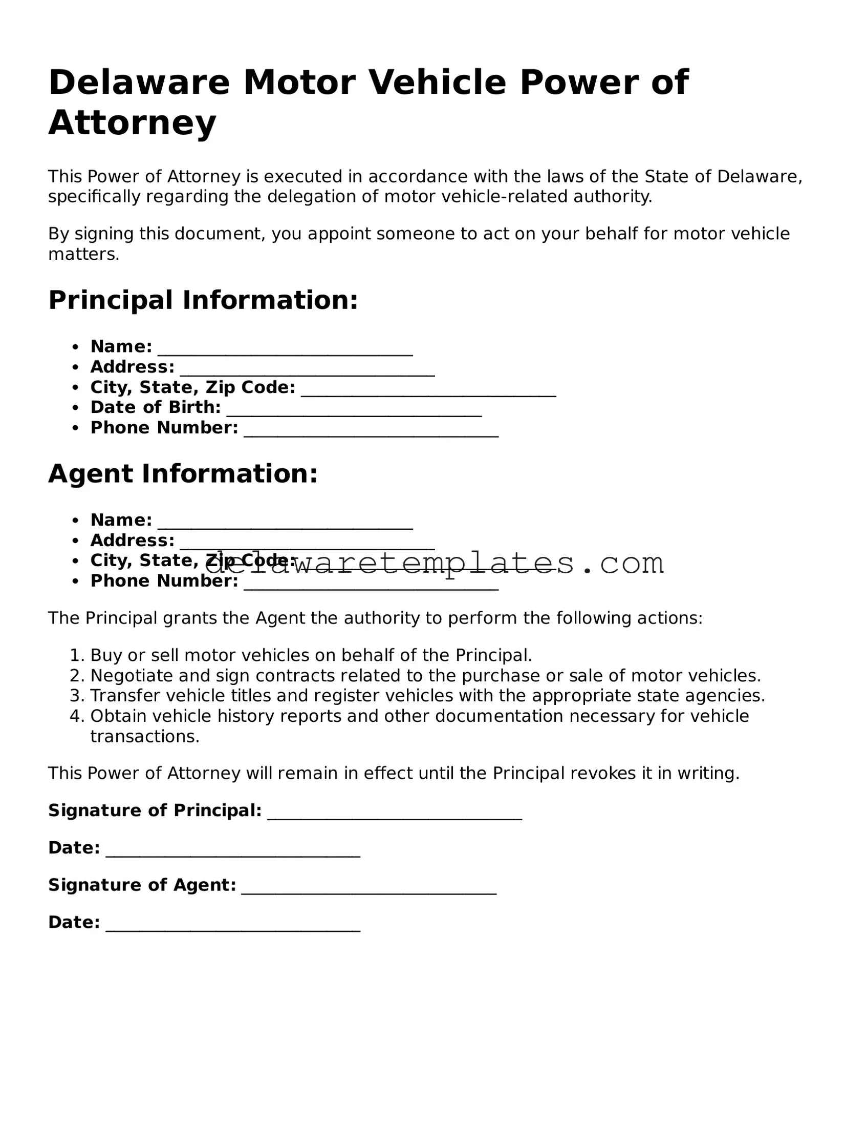 Fillable Motor Vehicle Power of Attorney Document for the State of Delaware