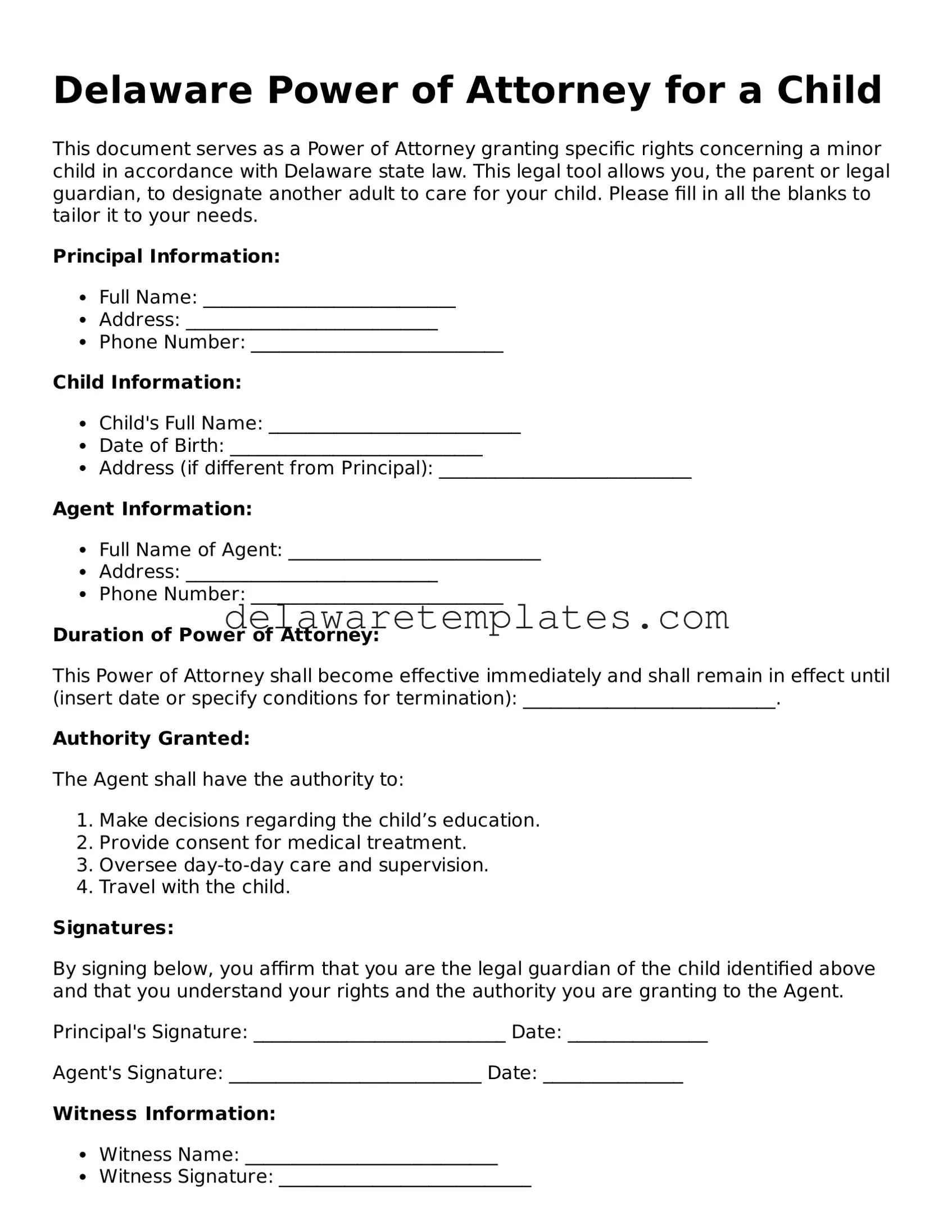 Fillable Power of Attorney for a Child Document for the State of Delaware
