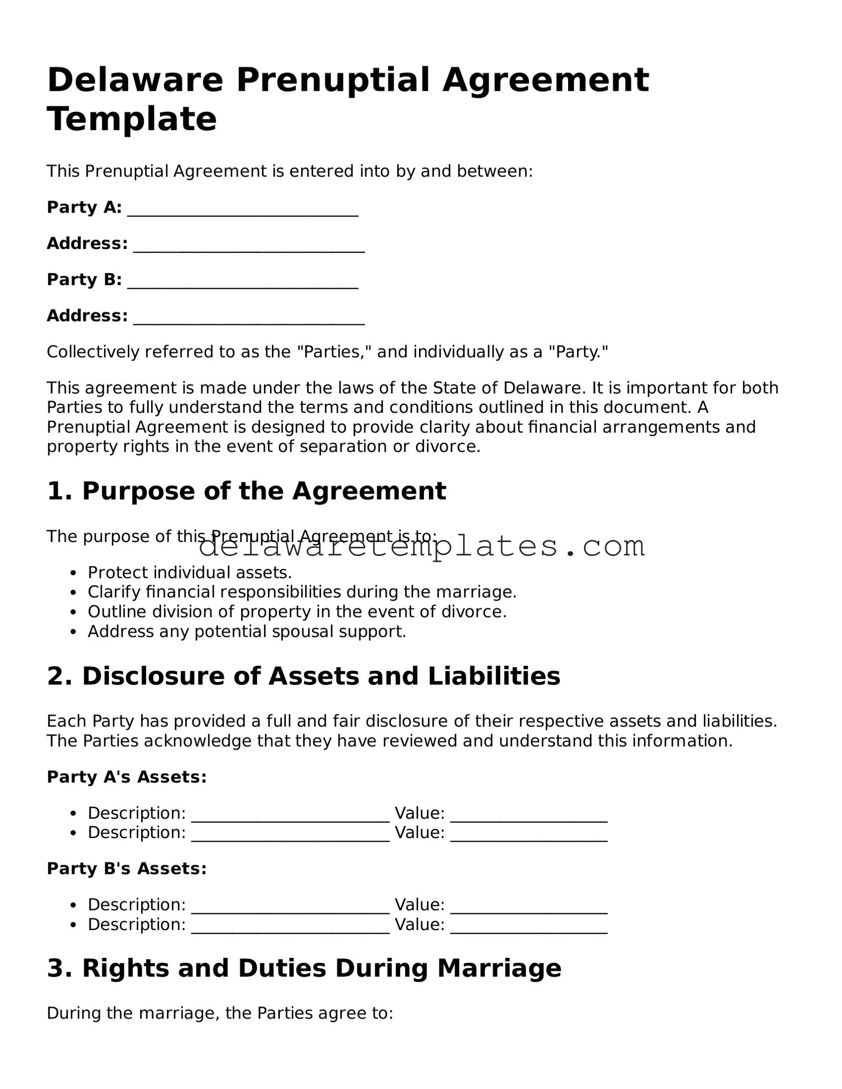 Fillable Prenuptial Agreement Document for the State of Delaware