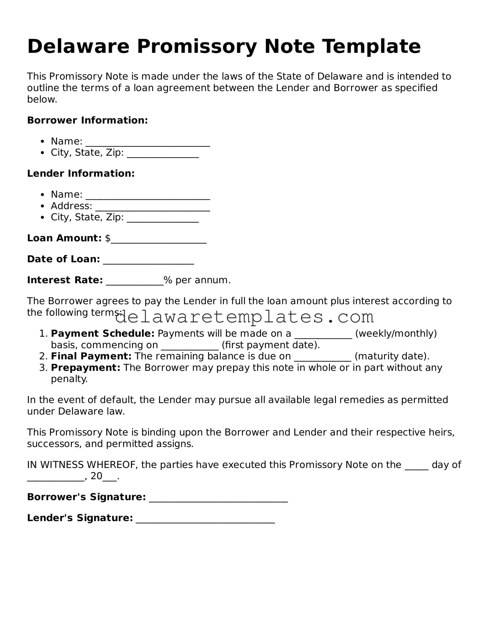 Fillable Promissory Note Document for the State of Delaware