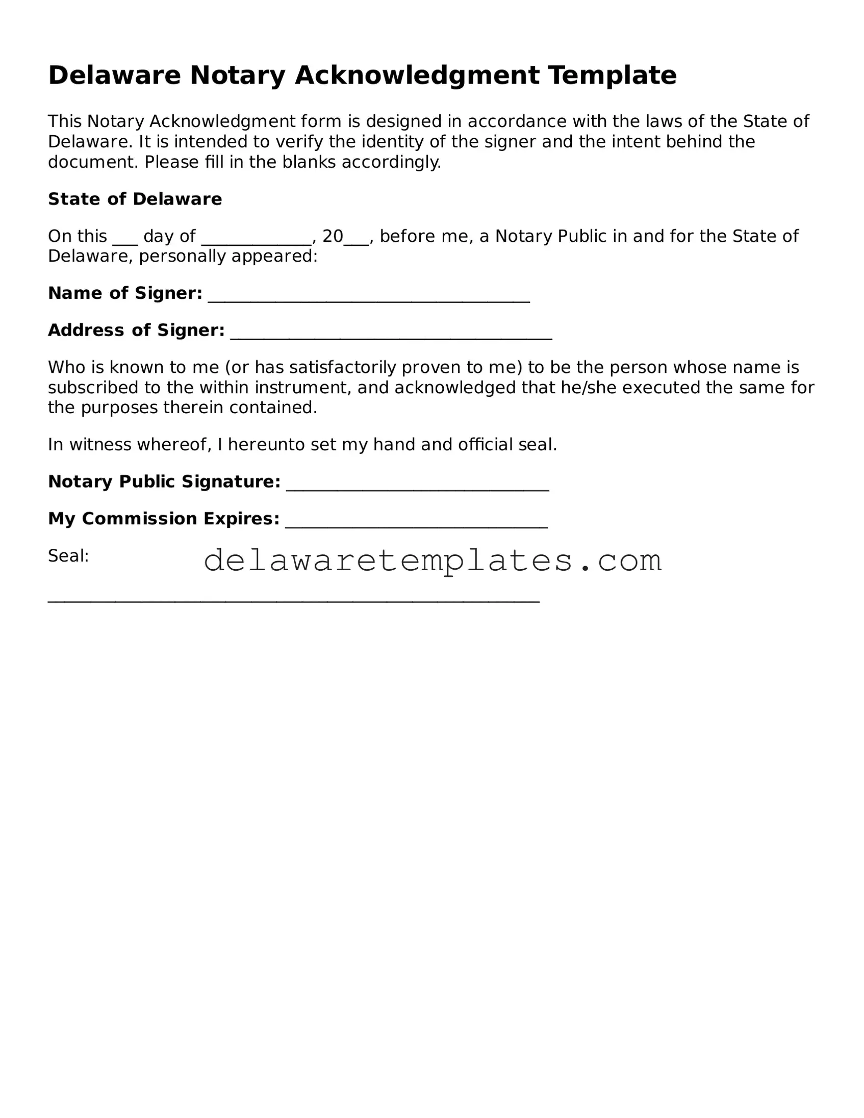 Fillable Notary Acknowledgement Document for the State of Delaware