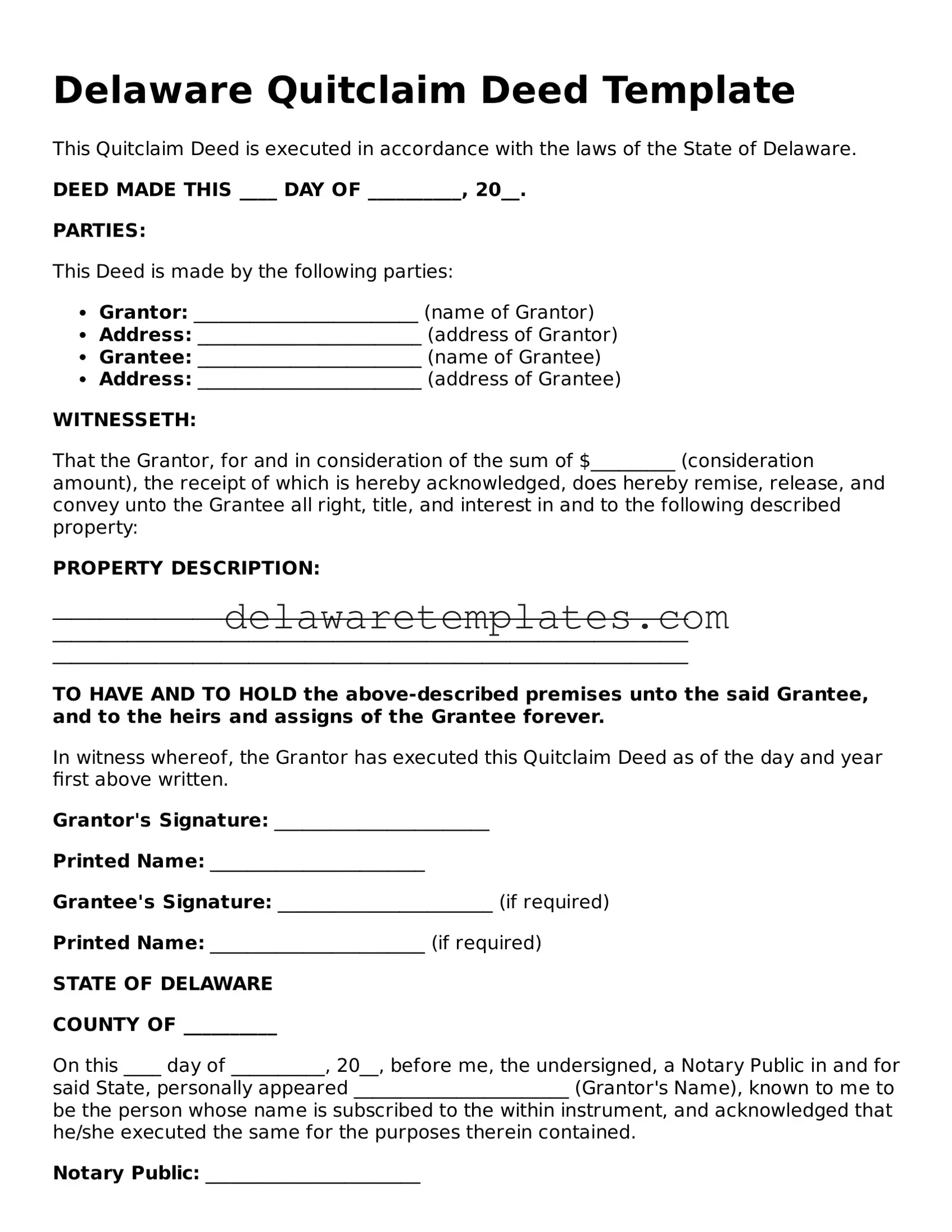Fillable Quitclaim Deed Document for the State of Delaware