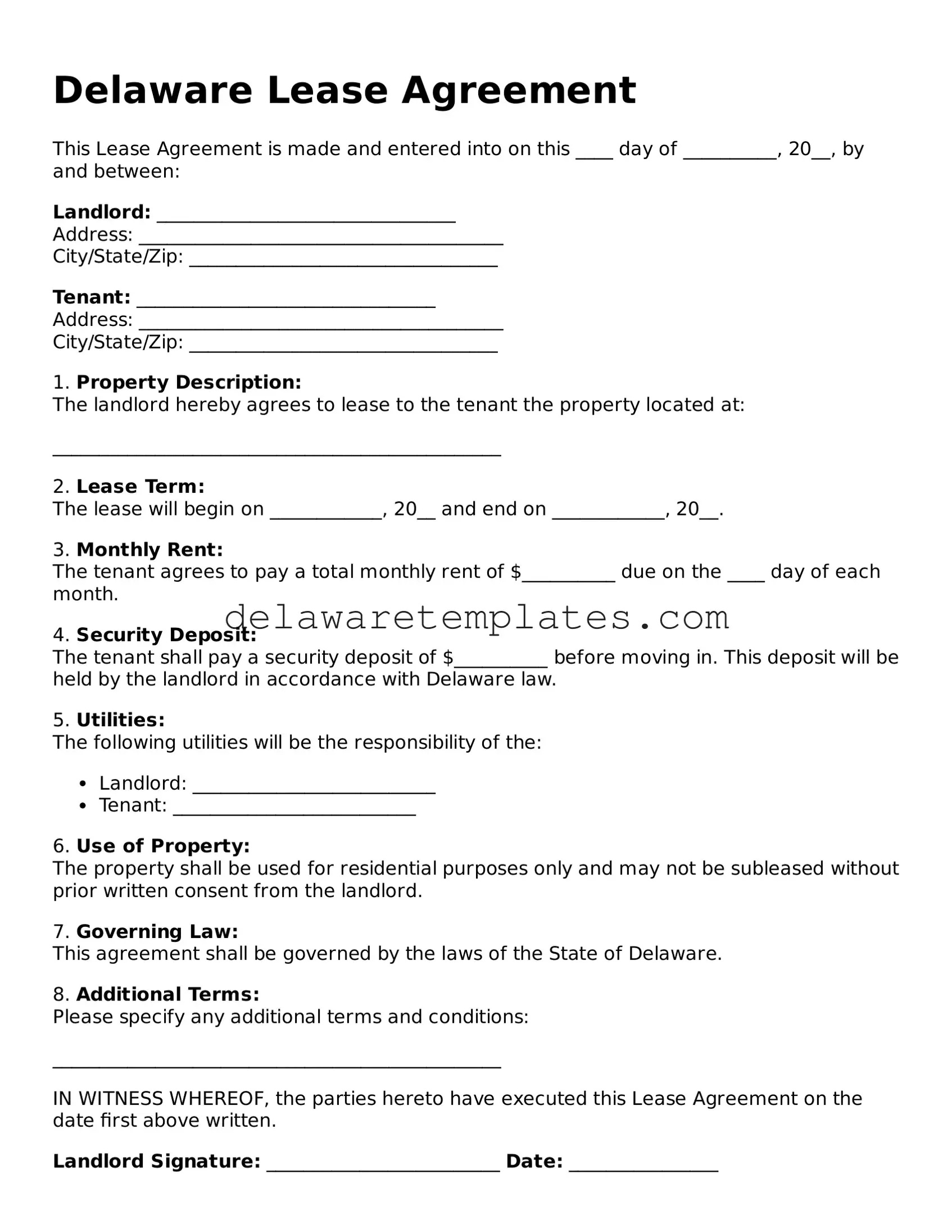 Fillable Lease Agreement Document for the State of Delaware