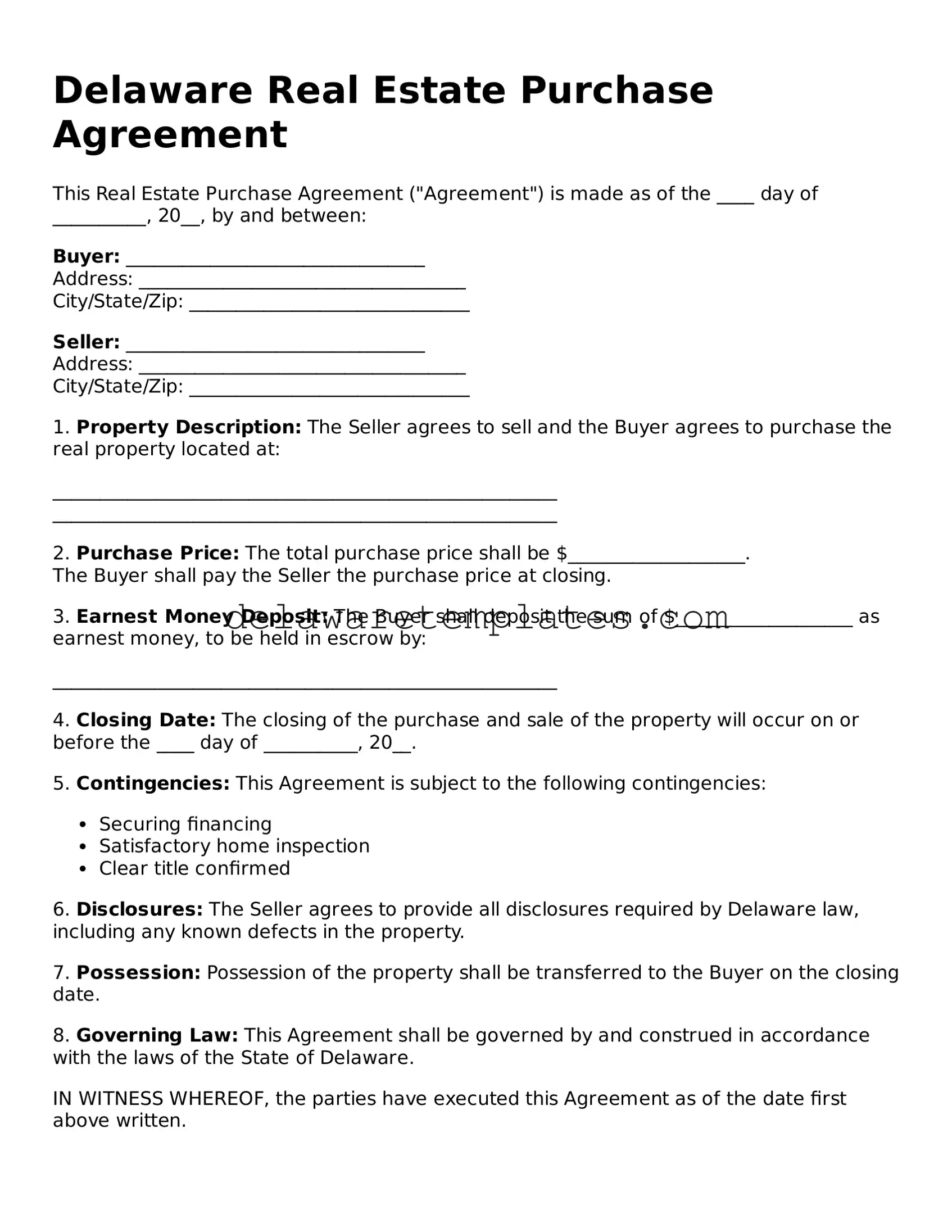 Fillable Real Estate Purchase Agreement Document for the State of Delaware