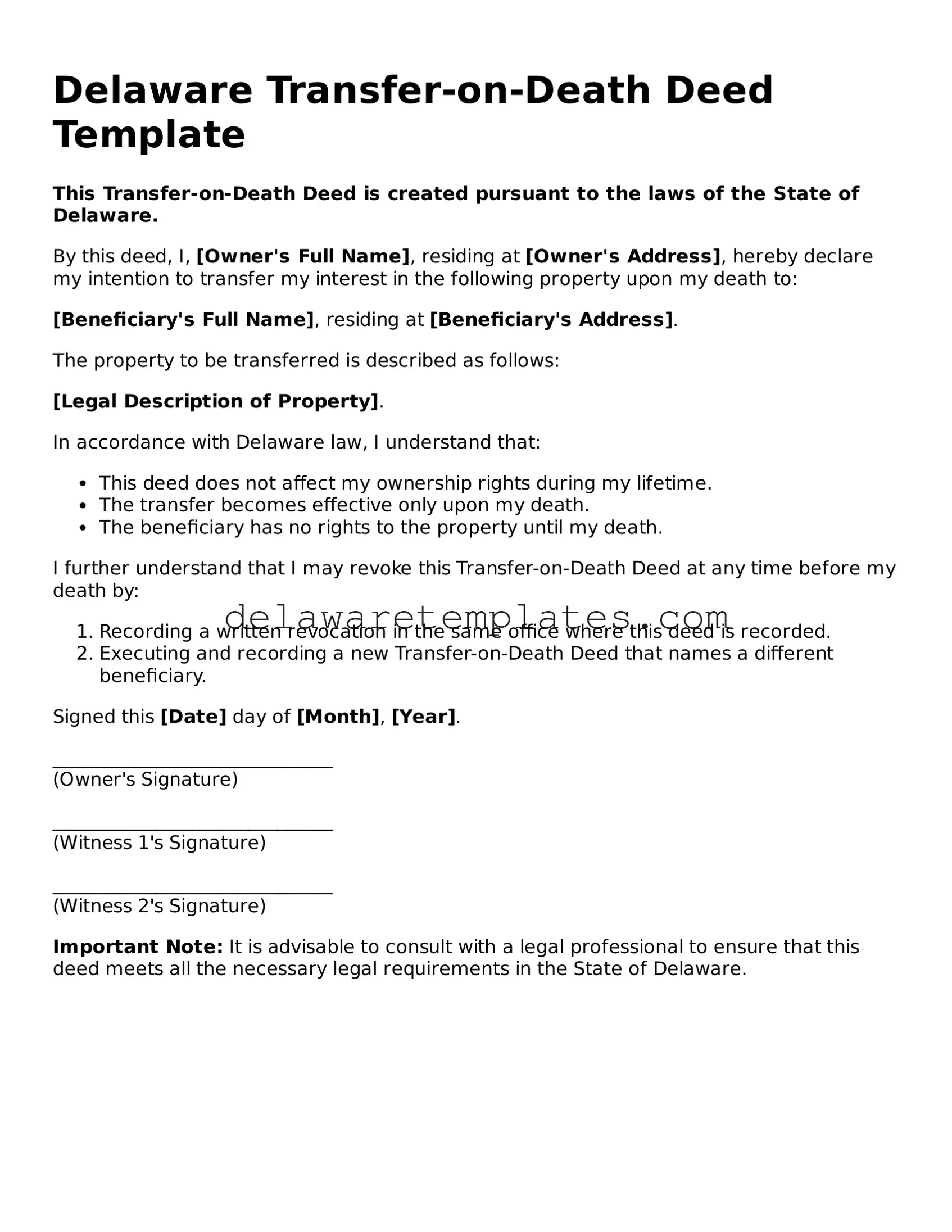 Fillable Transfer-on-Death Deed Document for the State of Delaware