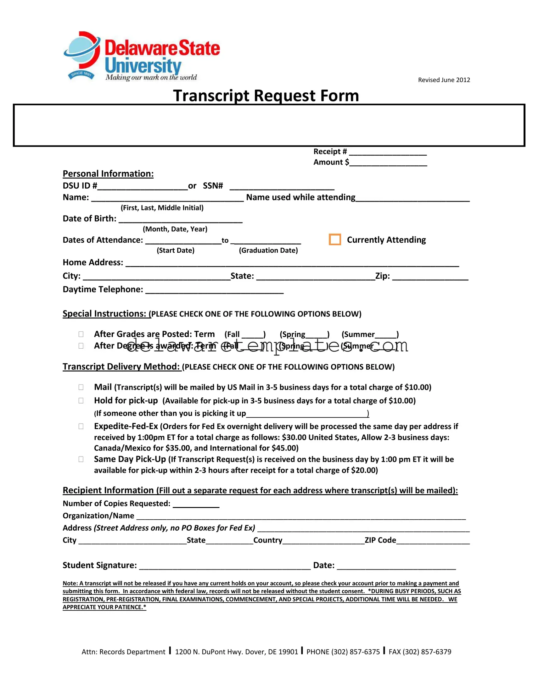 Fill a Valid Delaware Transcript Request Form