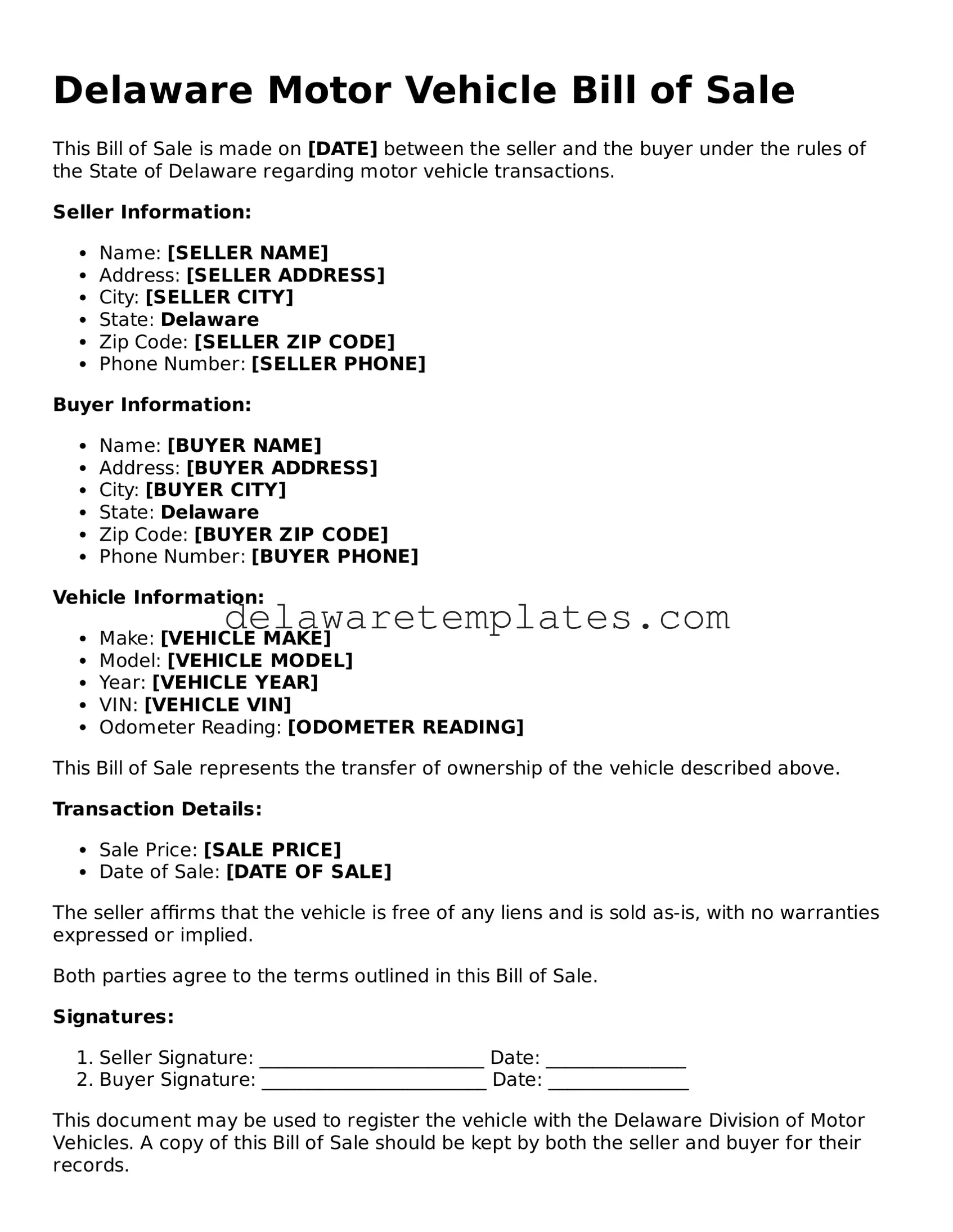 Fillable Motor Vehicle Bill of Sale Document for the State of Delaware