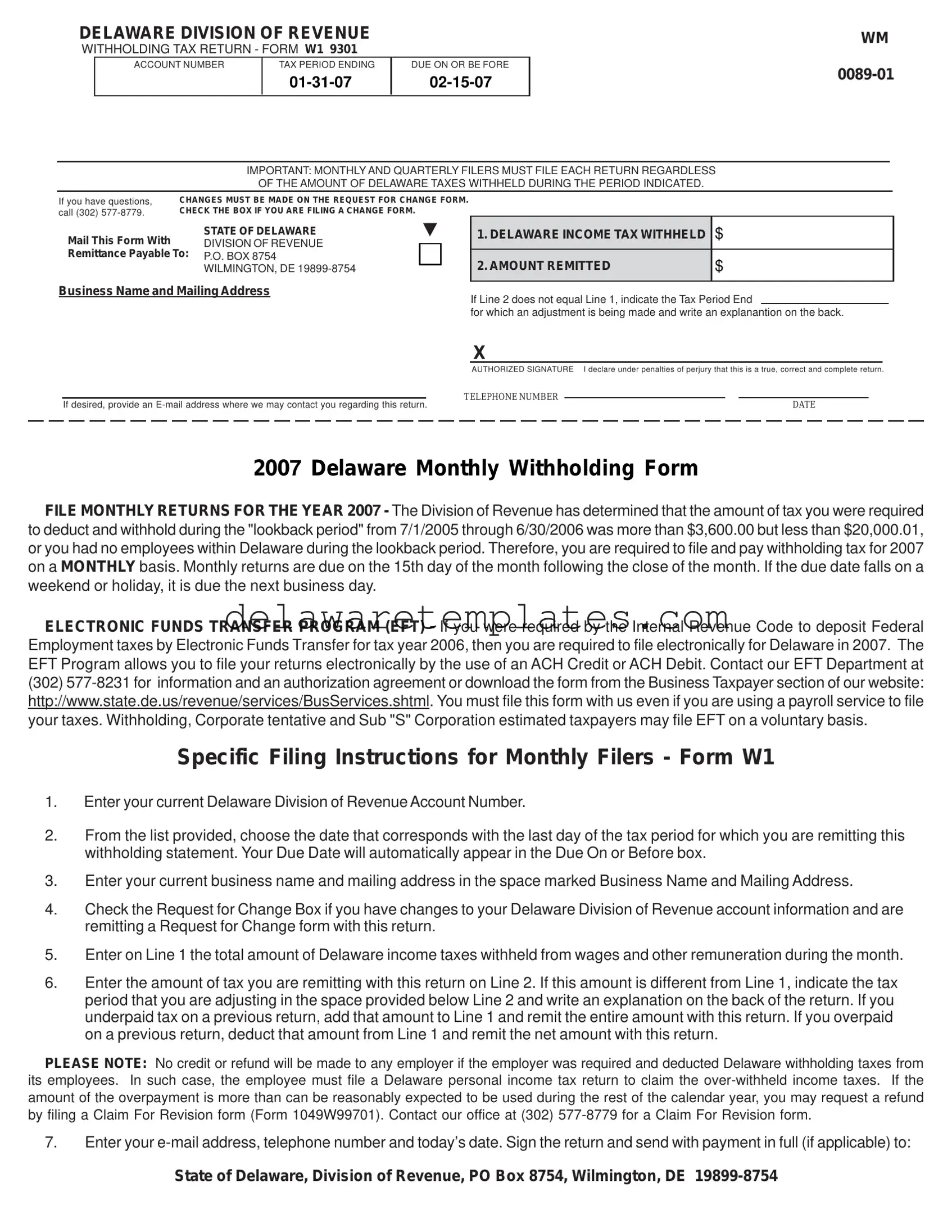 Fill a Valid Delaware W1 9301 Form