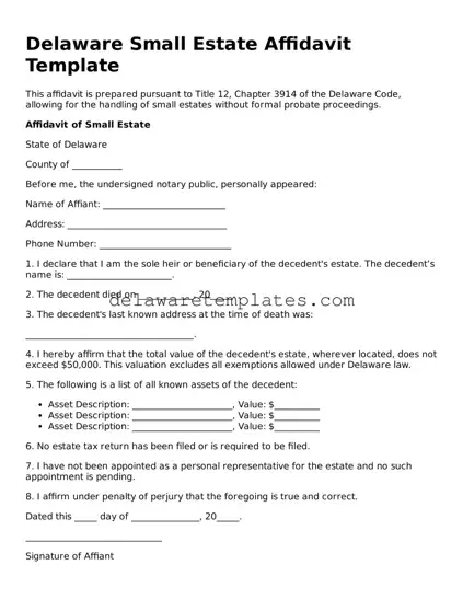 Fillable Small Estate Affidavit Document for the State of Delaware