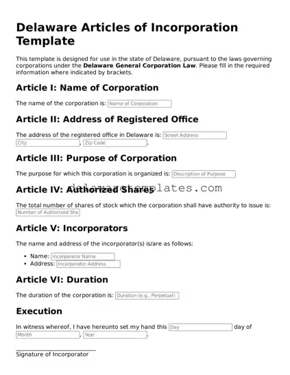 Fillable Articles of Incorporation Document for the State of Delaware