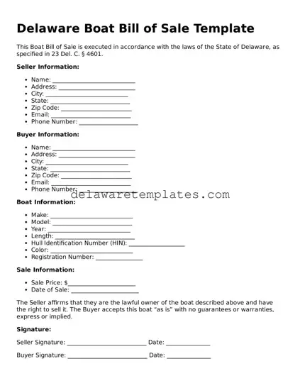 Fillable Boat Bill of Sale Document for the State of Delaware