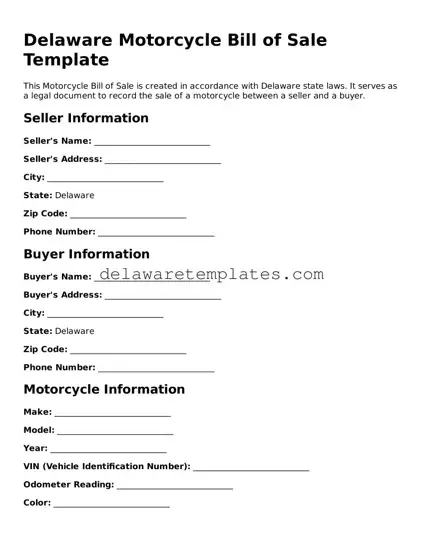 Fillable Motorcycle Bill of Sale Document for the State of Delaware