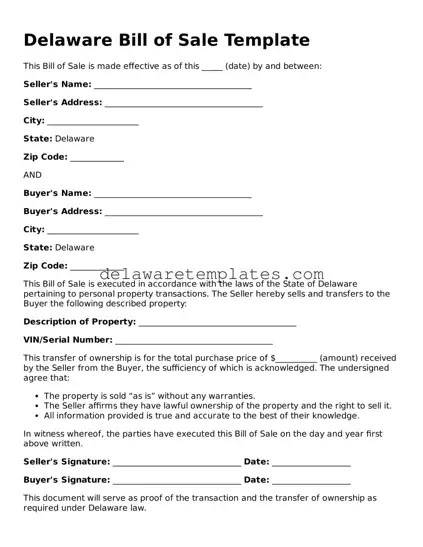 Fillable Bill of Sale Document for the State of Delaware