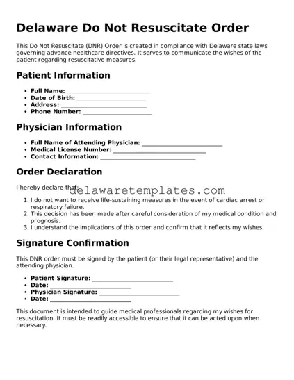 Fillable Do Not Resuscitate Order Document for the State of Delaware
