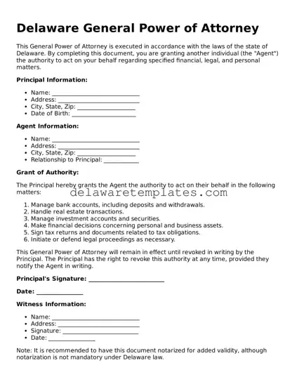 Fillable General Power of Attorney Document for the State of Delaware