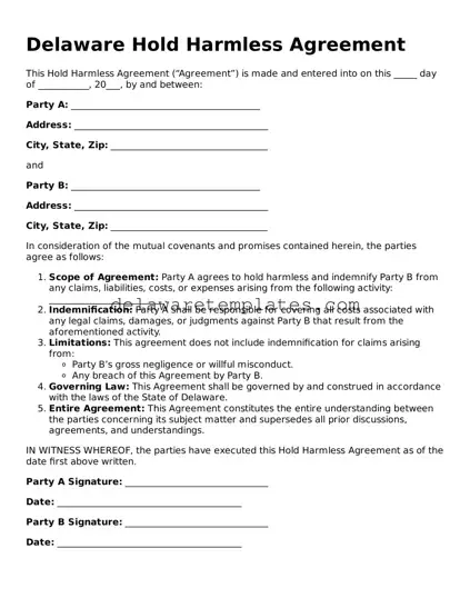 Fillable Hold Harmless Agreement Document for the State of Delaware