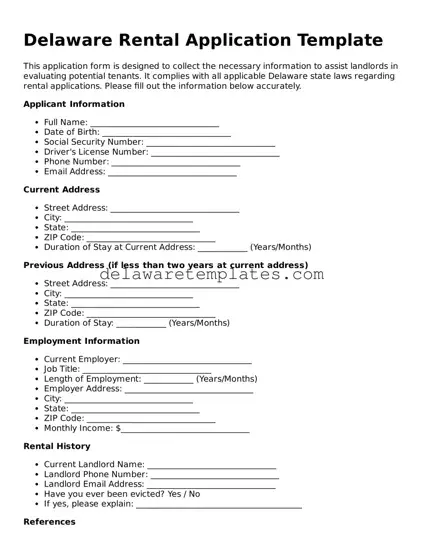 Fillable Rental Application Document for the State of Delaware