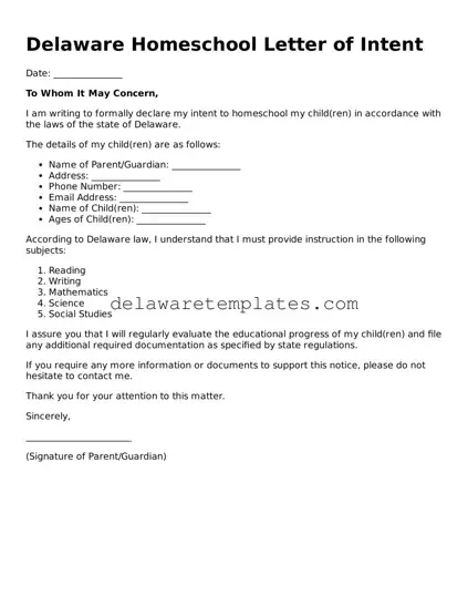 Fillable Homeschool Letter of Intent Document for the State of Delaware