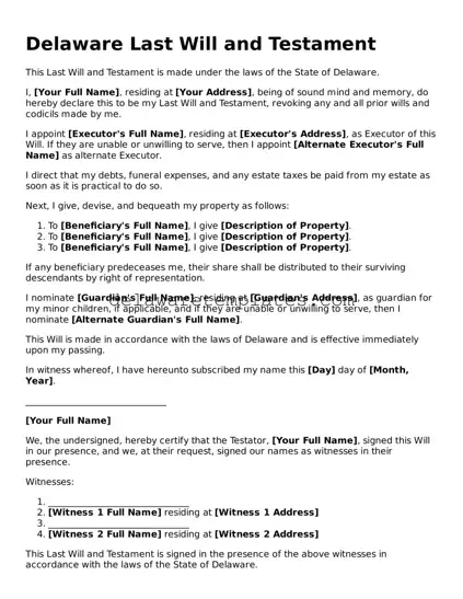 Fillable Last Will and Testament Document for the State of Delaware