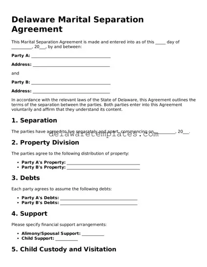 Fillable Marital Separation Agreement Document for the State of Delaware