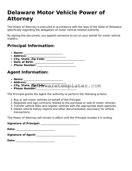 Fillable Motor Vehicle Power of Attorney Document for the State of Delaware