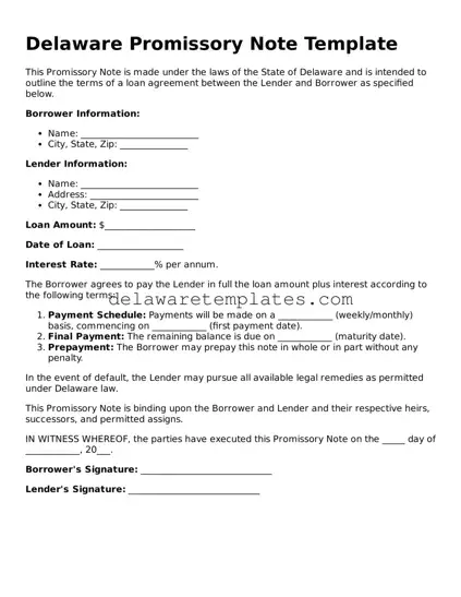 Fillable Promissory Note Document for the State of Delaware