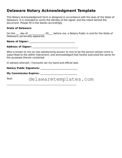Fillable Notary Acknowledgement Document for the State of Delaware