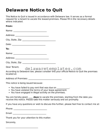 Fillable Notice to Quit Document for the State of Delaware
